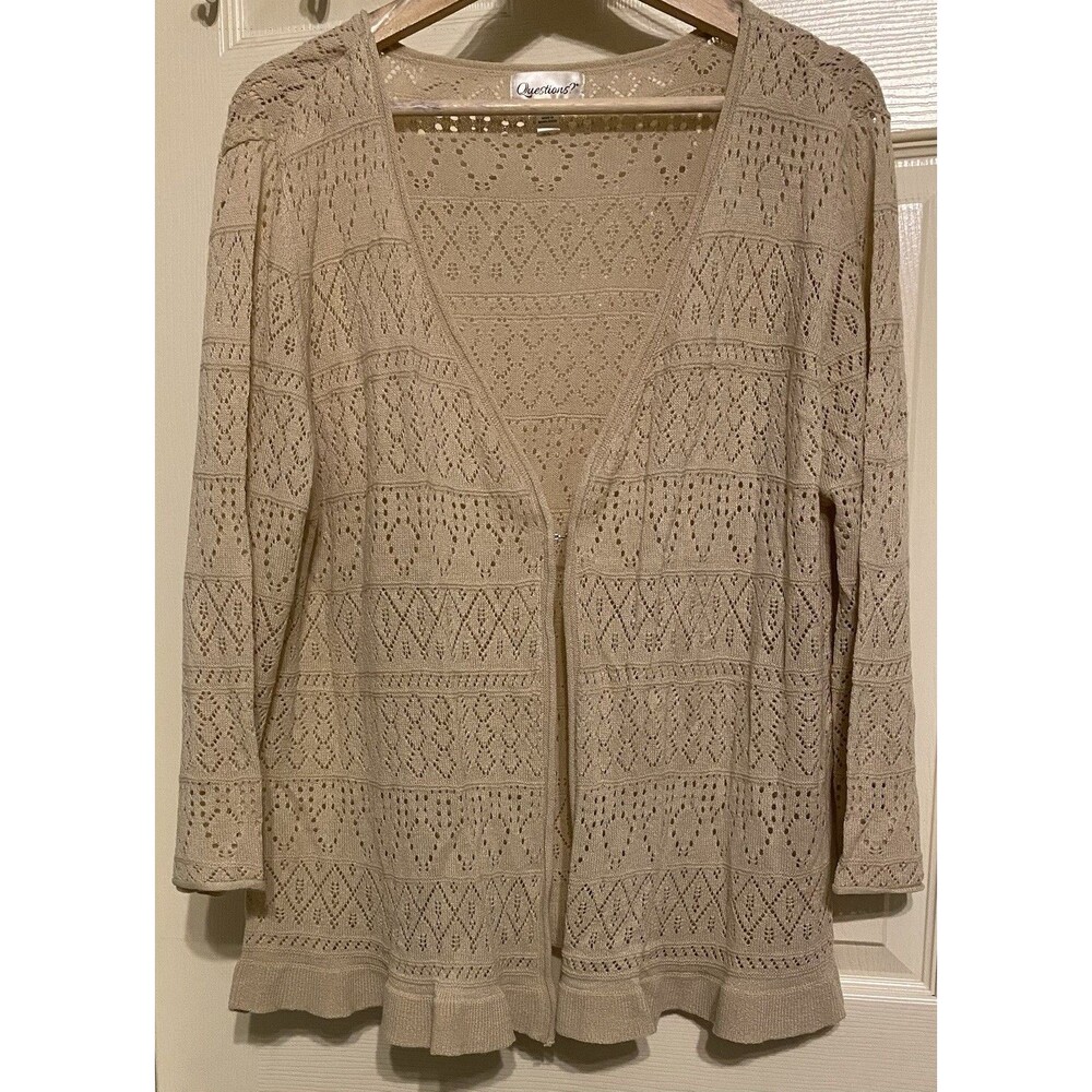 Vtg 90s Beige Open Knit Cardigan Sweater Women's XL Cottage Boho Ruffle LS Y2k